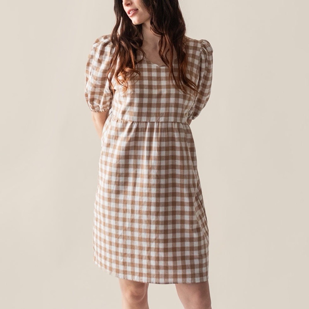 Gingham Puff-Sleeve Mini Dress - Beige & White